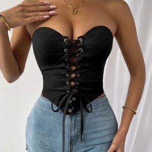 Black Lace Up Front Corset Tube Cropped Bustier Top